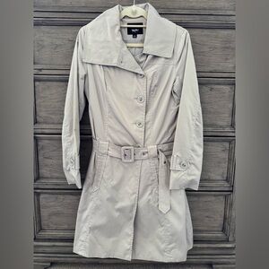 Gray Trench Coat Belted Tan Silver Nylon Rain Jacket Windbreaker Long